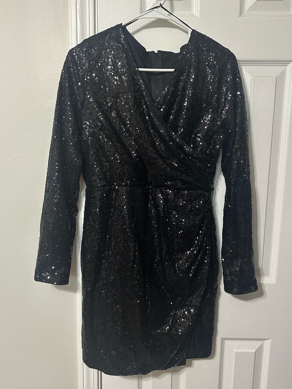 Black Sequin Long-Sleeve Wrap-Front Dress